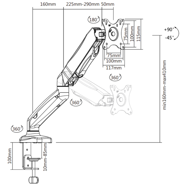 DQ Wall-Support Aris Monitorarm zwart