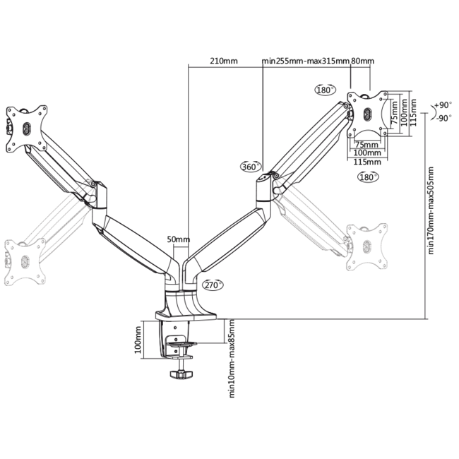 DQ Wall-Support Dubbele Monitorarm zilver- met Gasveer