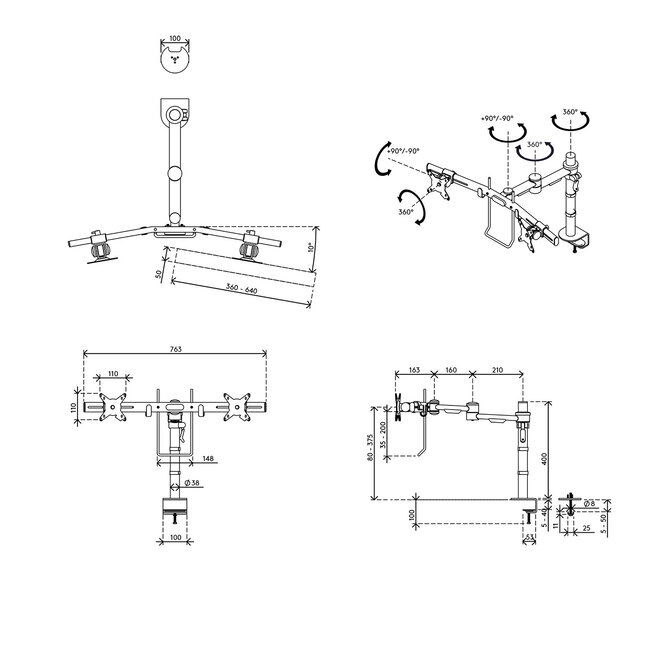 Dataflex ViewMate Monitorarm 602 Zilver Dubbele Monitorarm
