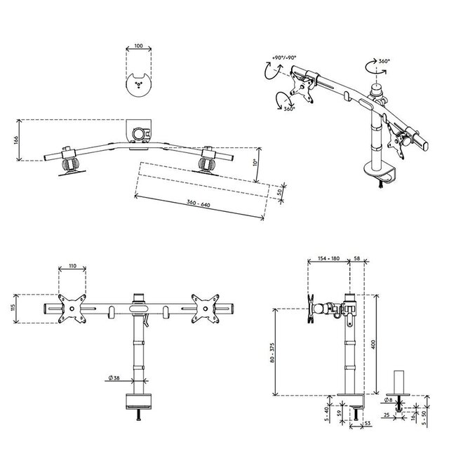Dataflex ViewMate Monitorarm 642 Zilver Dubbele Monitorarm
