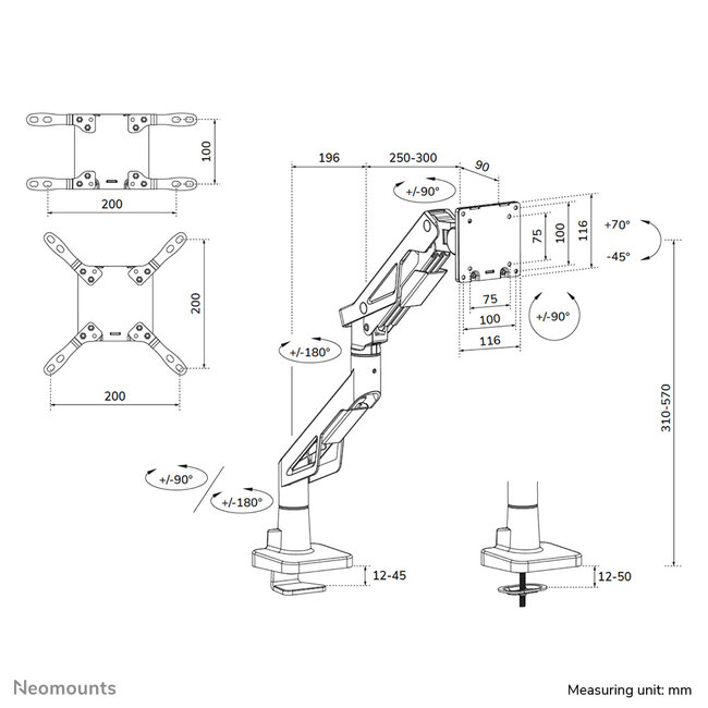 Neomounts DS70-256BL1 Gaming Monitorarm 24-57" - Gasveer - Topfix - 180°-stop