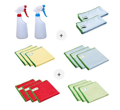 Set Microvezeldoeken (14 stuks Greenspeed microvezeldoeken en twee sprayflacons)