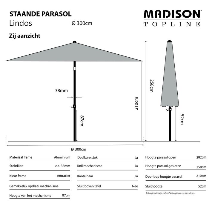 Madison Bali ronde luxe stokparasol Ø300 cm. - Clay/Champagne