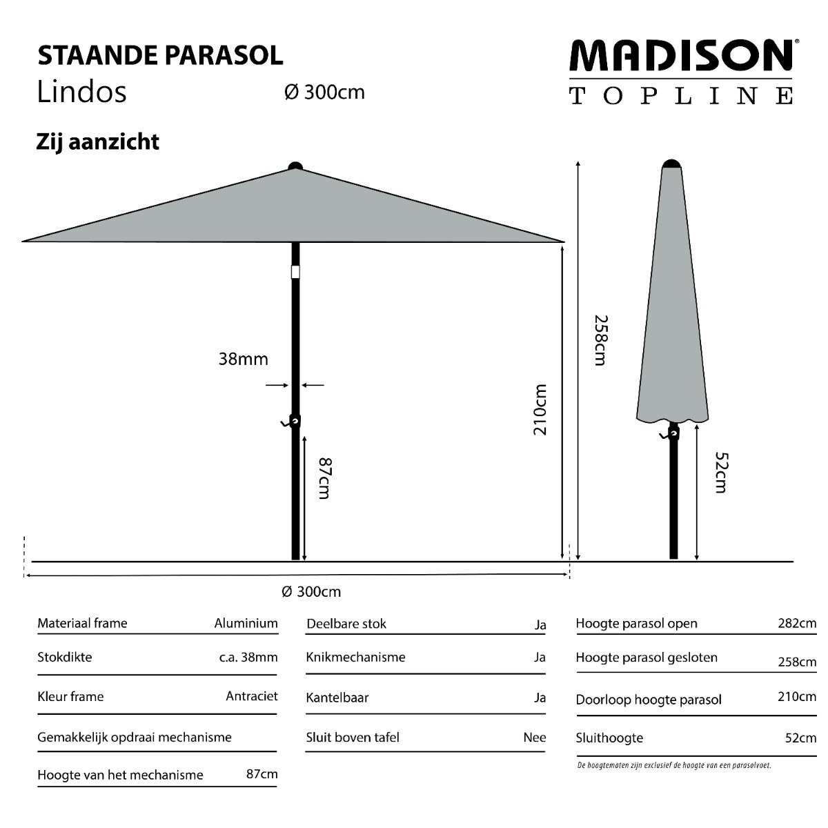 Madison Bali ronde luxe stokparasol Ø300 cm. - Clay/Champagne