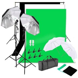 Fotostudio met achtergrondsysteem en 4 lichtparaplu's