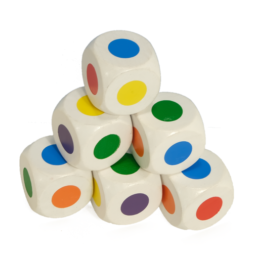Houten dobbelstenen (wit) met zes gekleurde stippen in zes kleuren