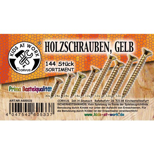Kids at work kindergereedschap van Corvus Toys Schroeven koperkleur - 144 st. Kids at work kindergereedschap van Corvus Toys Schroeven koperkleur - 144 st.
