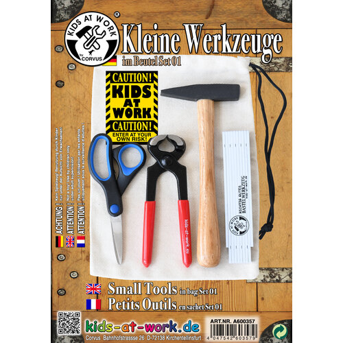 Kids at work kindergereedschap van Corvus Toys Kids at work Gereedschapset met katoenen opbergzak