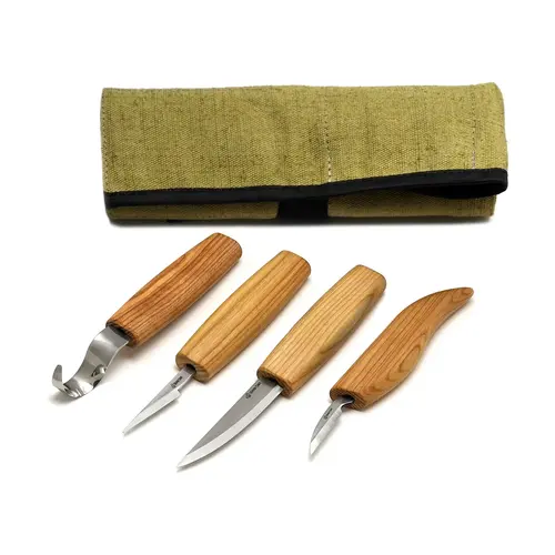 Beavercraft Beavercraft professionele houtnijset messen - 4 messen in een gereedschapsrol