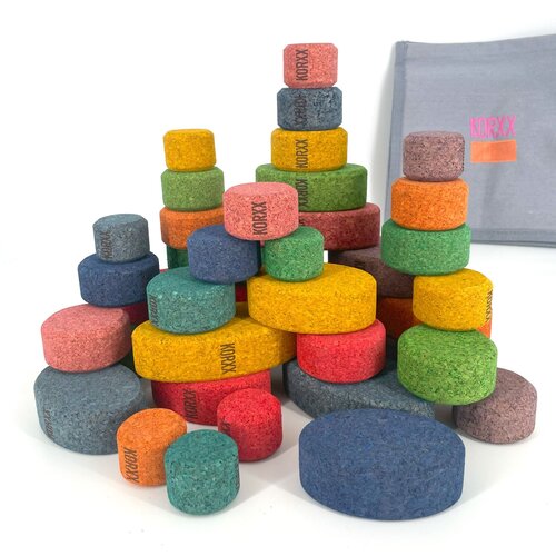 KORXX kurk blokken KORXX Kuller C Edu - 40 gekleurde ronde vormen kurk bouwblokken in vilt box