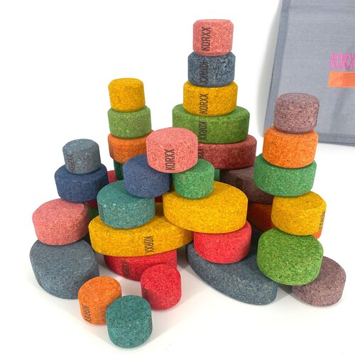 KORXX kurk blokken KORXX Kuller C Edu - 40 gekleurde ronde vormen kurk bouwblokken in vilt box