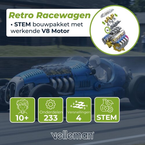 Velleman Vintage racewagen bouwpakket vanaf 10 jaar met zichtbare techniek Velleman Vintage racewagen bouwpakket vanaf 10 jaar met zichtbare techniek