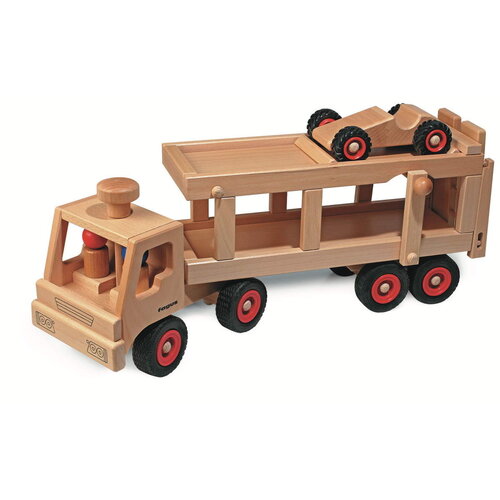 Fagus - robuuste houten speelgoedauto's Fagus houten autotransporter met Speedy en twee chauffeurs Fagus - robuuste houten speelgoedauto's Fagus houten autotransporter met Speedy en twee chauffeurs