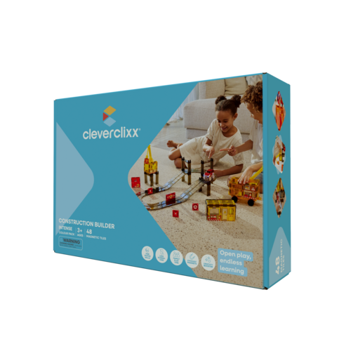 Cleverclixx Magnetische tegels Cleverclixx magnetische bouwplaats met twee kranen en een auto