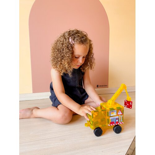 Cleverclixx Magnetische tegels Cleverclixx magnetische bouwplaats met twee kranen en een auto