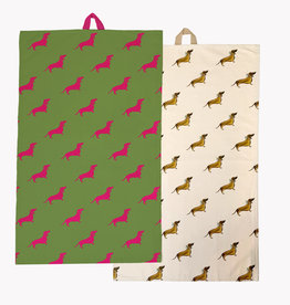 Geschirrtuch Set Dackel (Pink auf Waldgrün/ Braun auf Sand)