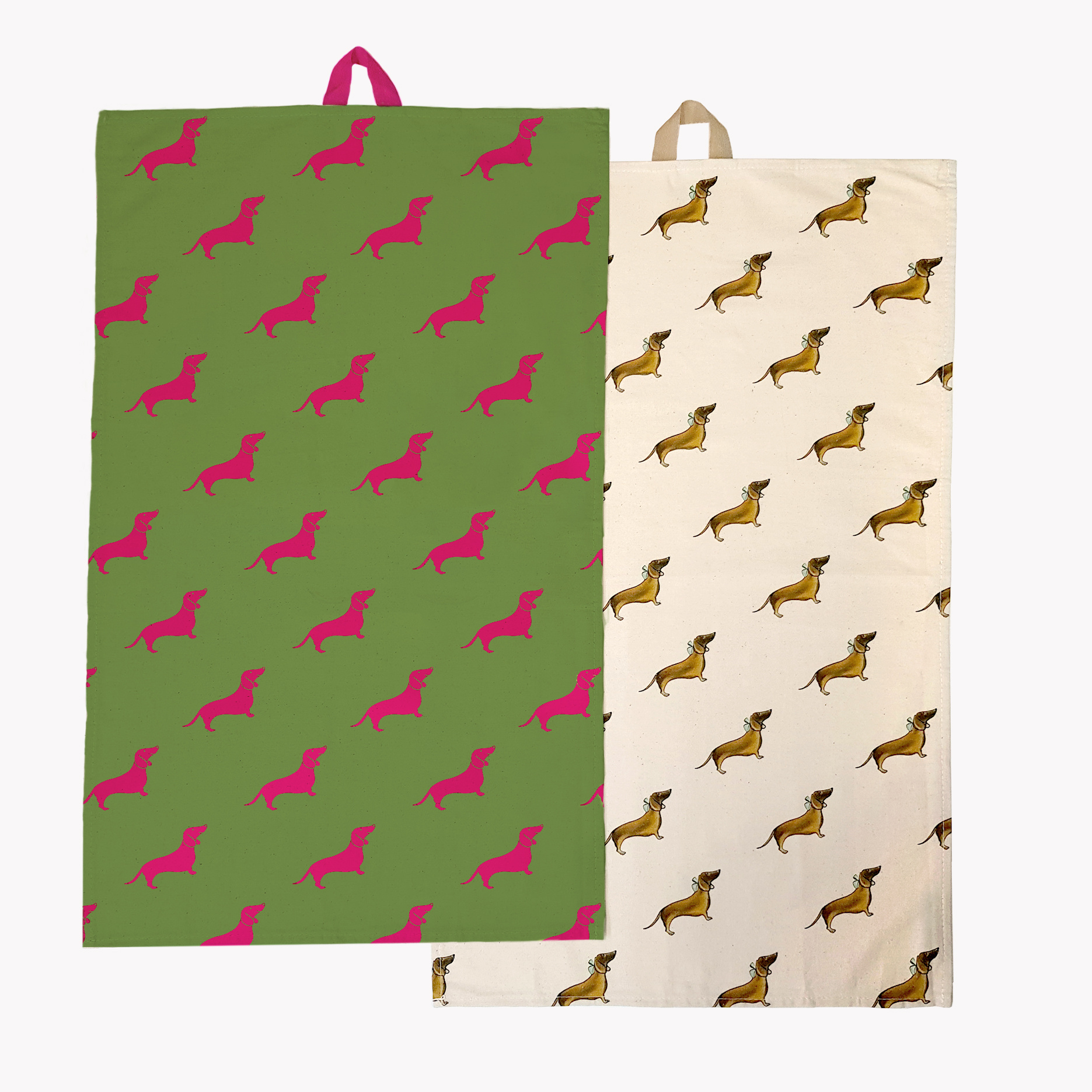 Geschirrtuch Set Dackel (Pink auf Waldgrün/ Braun auf Sand)