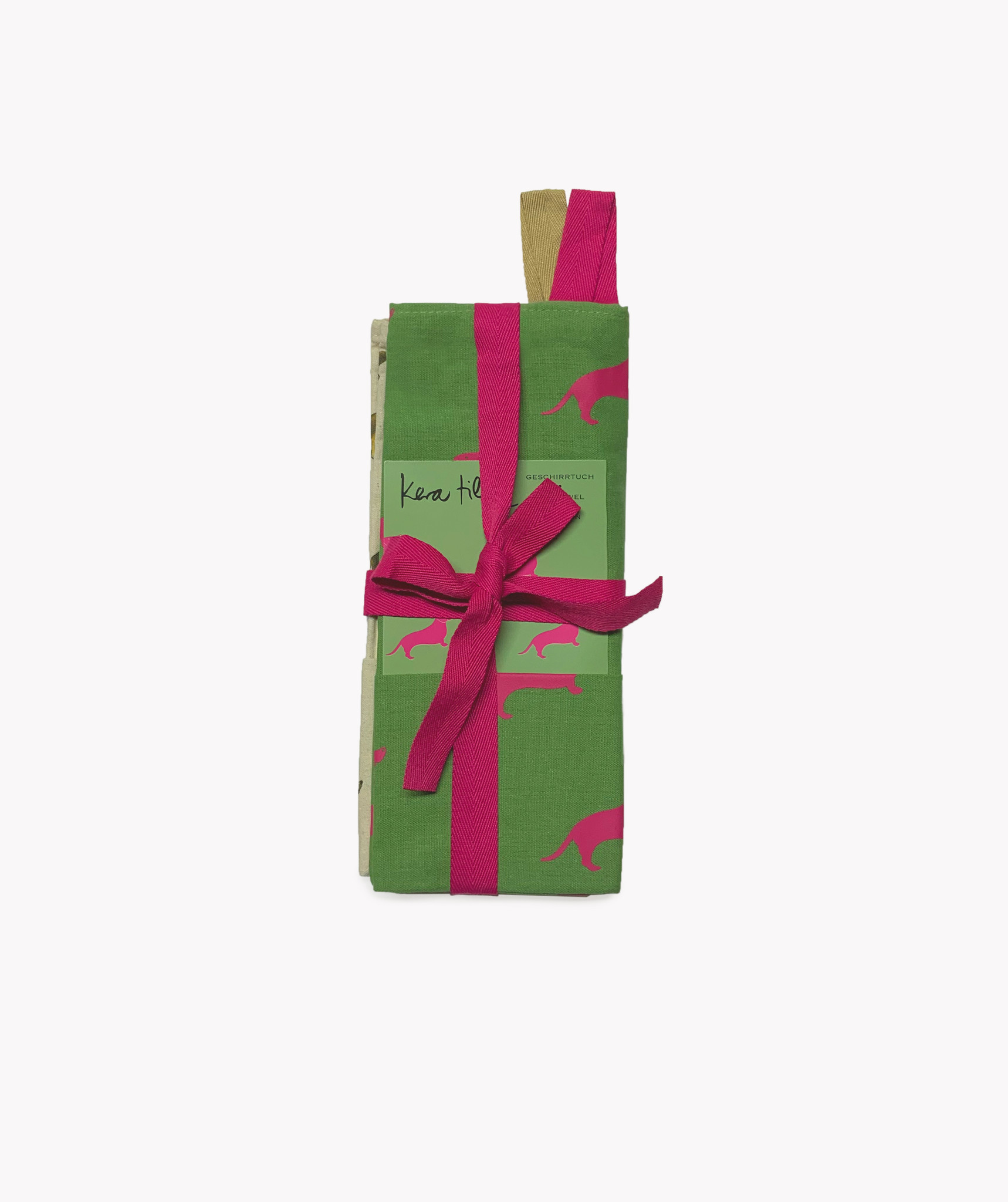 Geschirrtuch Set Dackel (Pink auf Waldgrün/ Braun auf Sand)