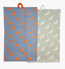 Tea Towel Set Dachshund (Peach on Blue / White on Sage)
