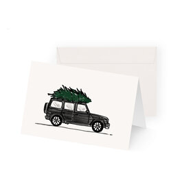 Weihnachtskarte Geländewagen mit Weihnachtsbaum