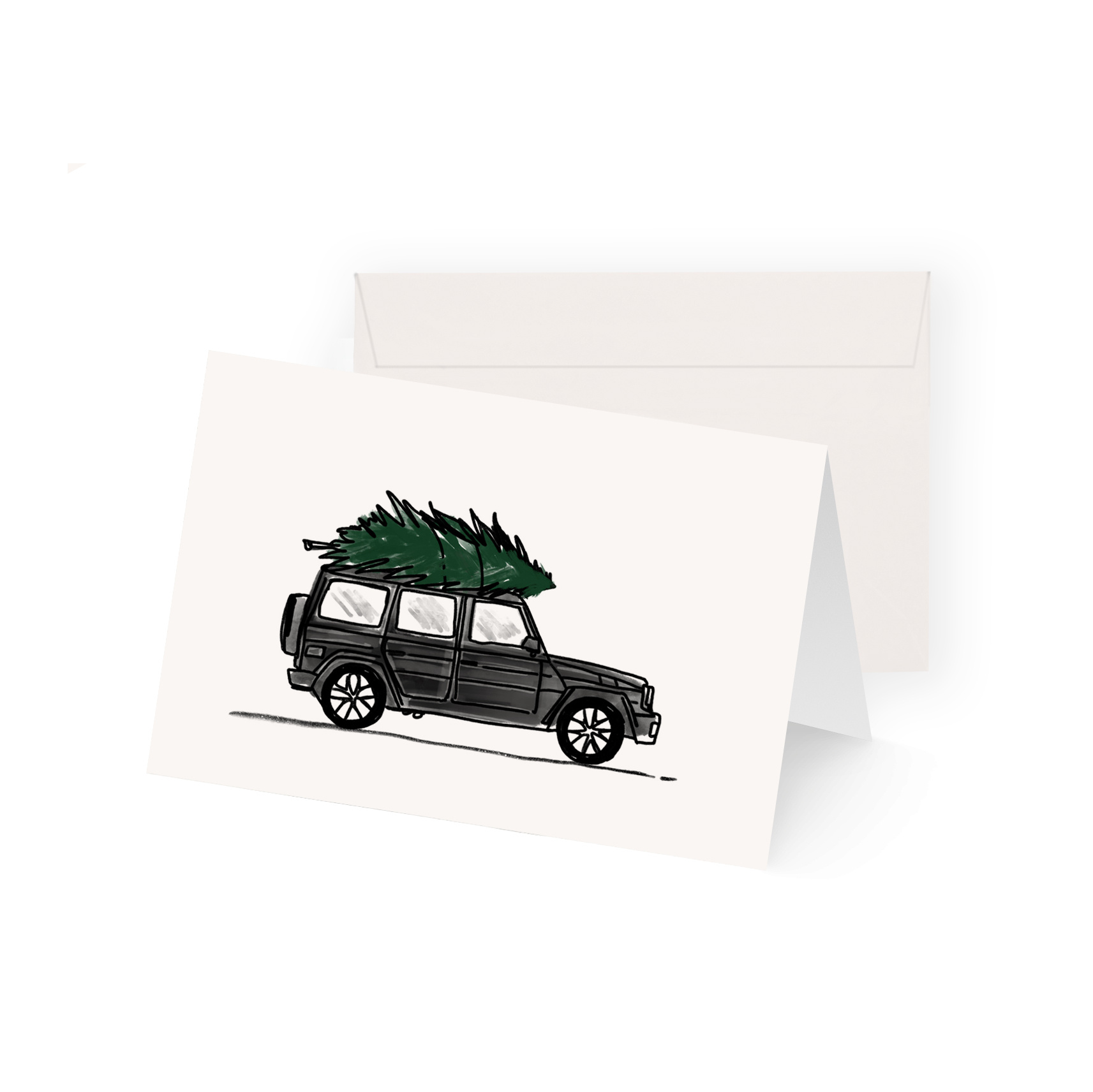 Weihnachtskarte Geländewagen mit Weihnachtsbaum