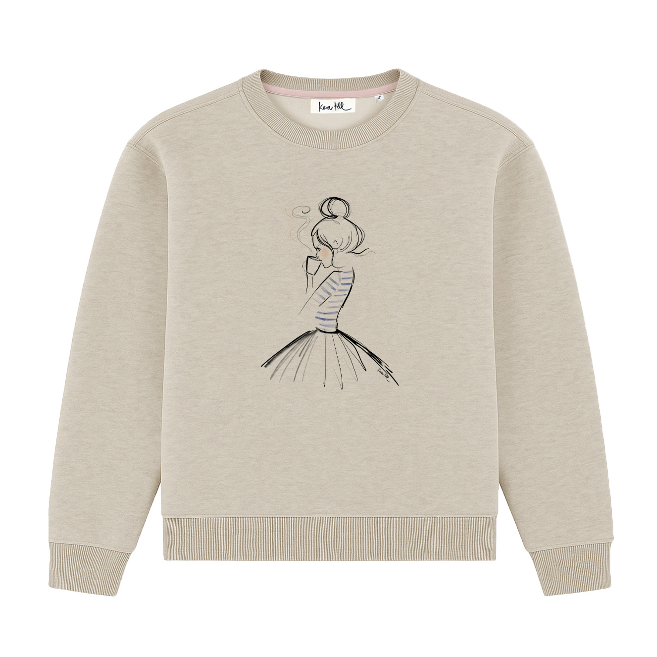 Sweater COFFEE, grau meliert, lässiger Schnitt, Frontdruck