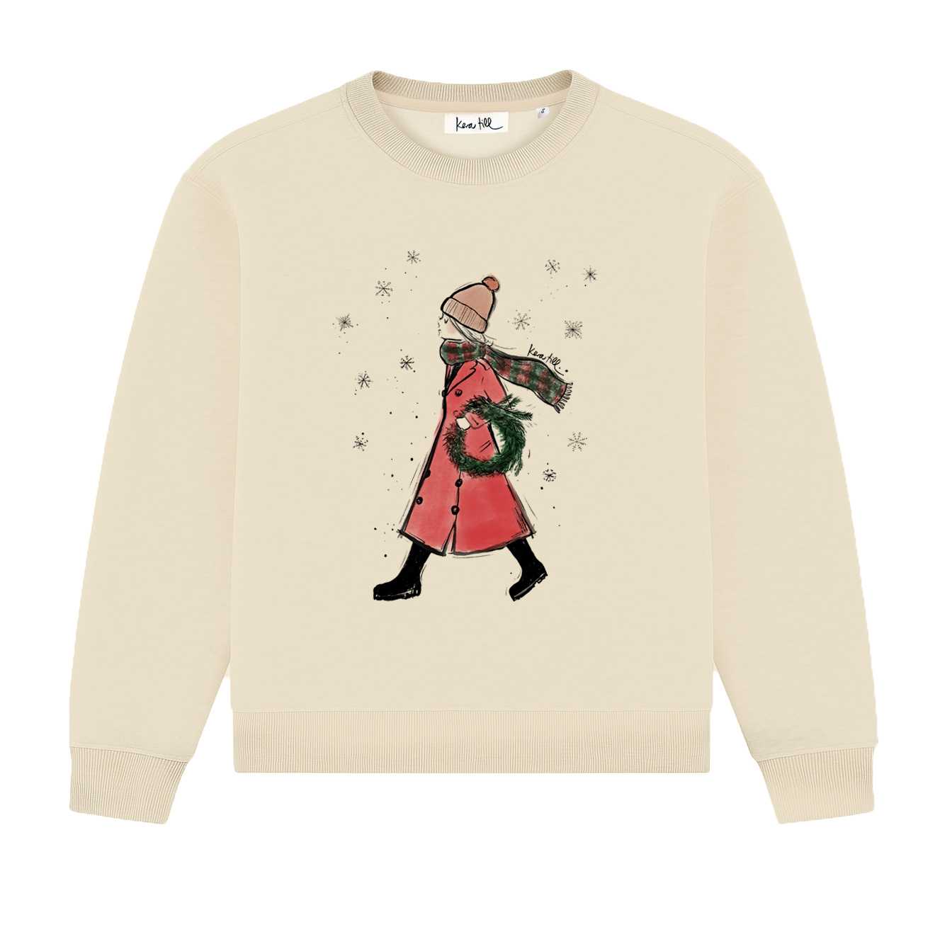 Sweater KRANZ, ivory, rundhals, langarm, lässiger Schnitt, Frontdruck