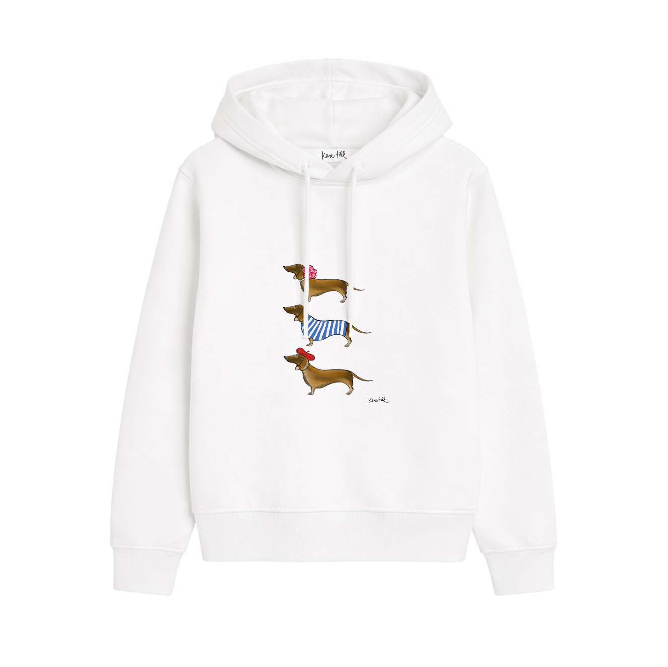 Hoodie DACHSHUND TRIO, white, relaxed fit, front print