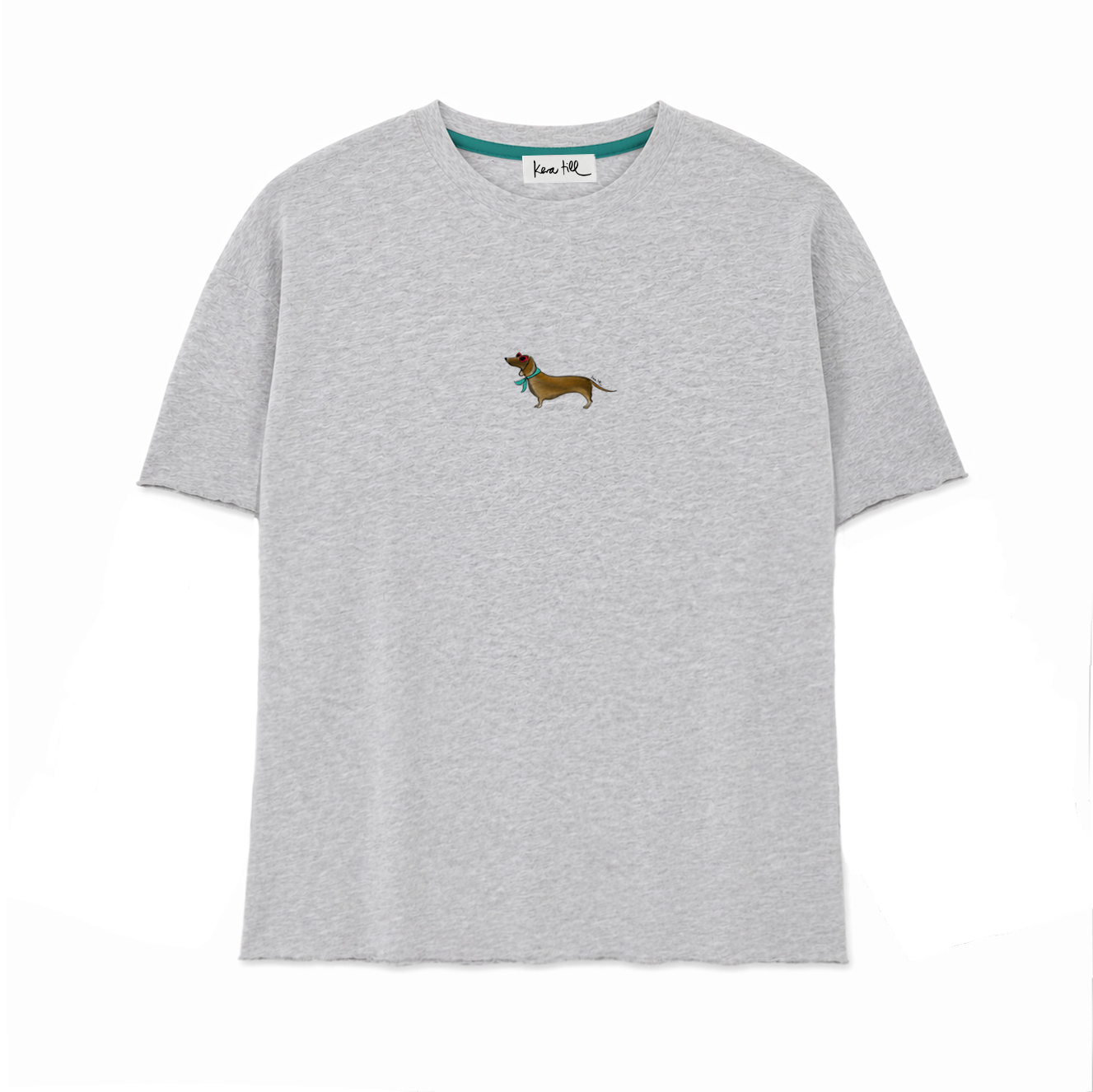 T-shirt made of sweatshirt fabric, SUMMER DACHSHUND, Raw-edge Edition, crew neck, oversized, relaxed fit, front print, heather grey