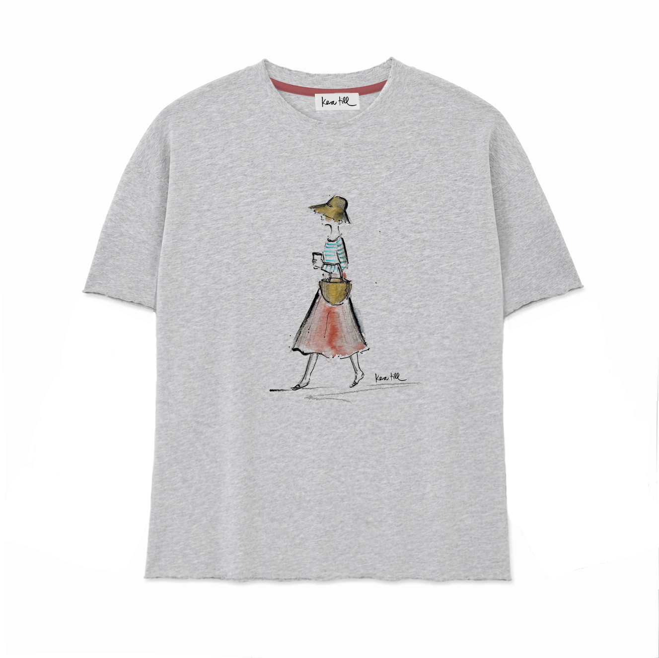 T-Shirt aus Sweatshirt-Stoff SUMMER COFFEE, rundhals, Raw edge Edition, oversized, lässiger Schnitt, Frontdruck, grau meliert
