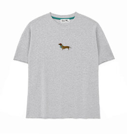 T-shirt made of sweatshirt fabric, SUMMER DACHSHUND, Raw-edge Edition, crew neck, oversized, relaxed fit, front print, heather grey
