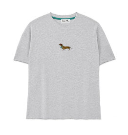 T-Shirt aus Sweatshirt-Stoff SOMMERDACKEL, Raw-edge Edition, rundhals, oversized, lässiger Schnitt, Frontdruck, grau meliert