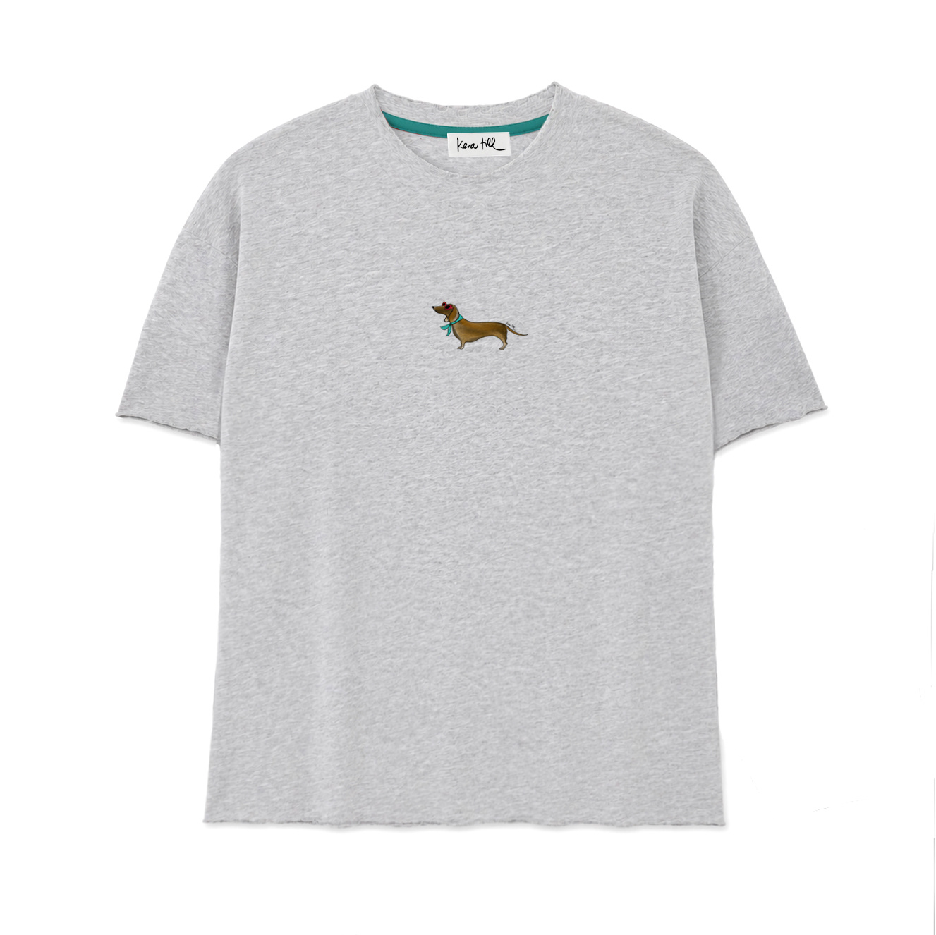 T-shirt made of sweatshirt fabric, SUMMER DACHSHUND, Raw-edge Edition, crew neck, oversized, relaxed fit, front print, heather grey