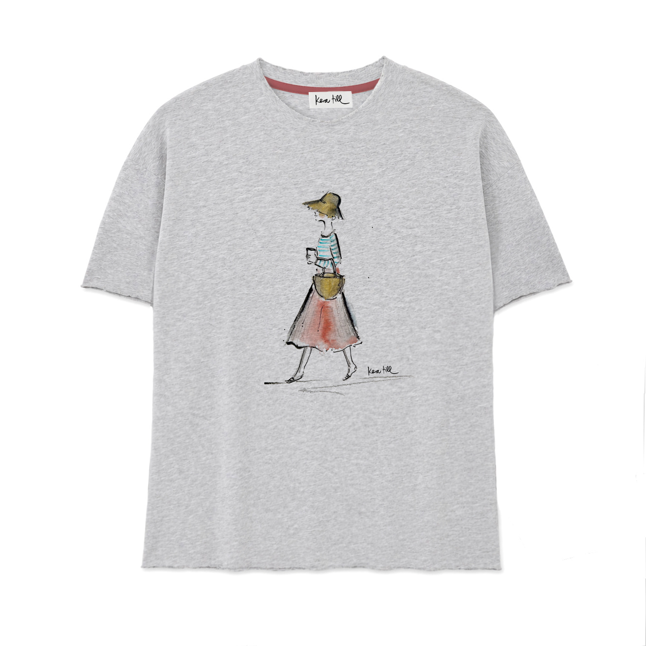 T-shirt made of sweatshirt fabric SUMMER COFFEE, crew neck, Raw edge Edition, oversized, relaxed fit, front print, heather grey