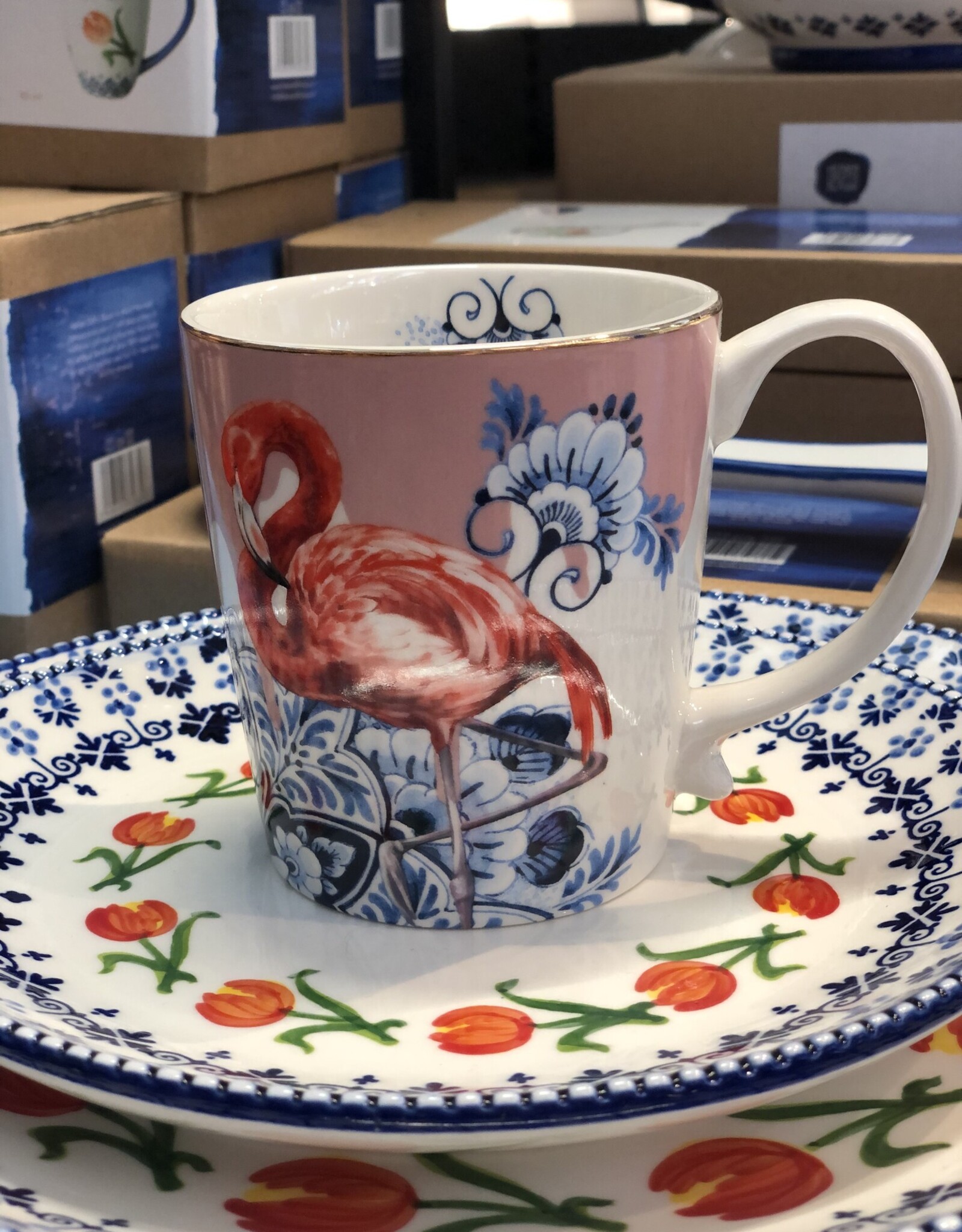 Heinen Delfts Blauw Mok flamingo en toekan - set van 2