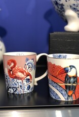 Heinen Delfts Blauw Mok flamingo en toekan - set van 2