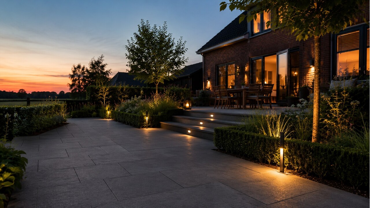 Tuin met terras en tuinverlichting bij avond