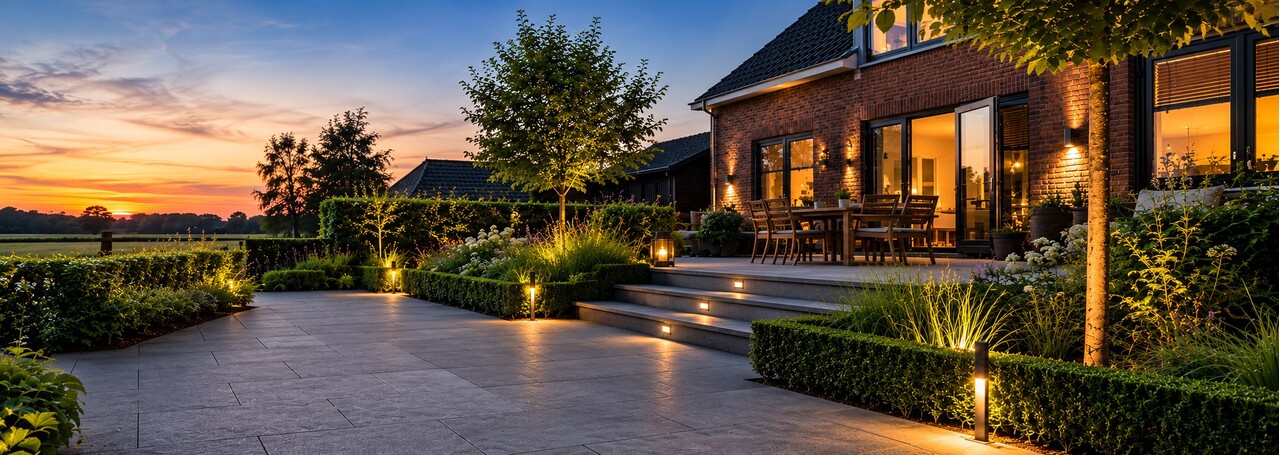 Tuin met terras en tuinverlichting bij avond