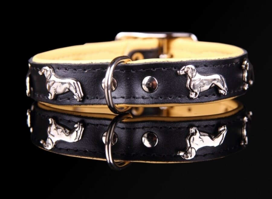 Leren halsband Teckel (klein) zwart / naturel