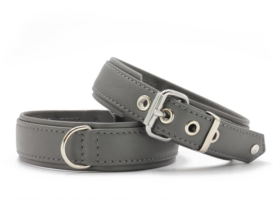 Exclusieve leren hondenhalsband grijs/zilver met nylon kern, 60 cm | 35 mm