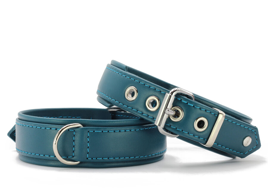 Exclusieve leren hondenhalsband octaan/zilver met nylon kern en messing beslag, 60 cm, 35 mm