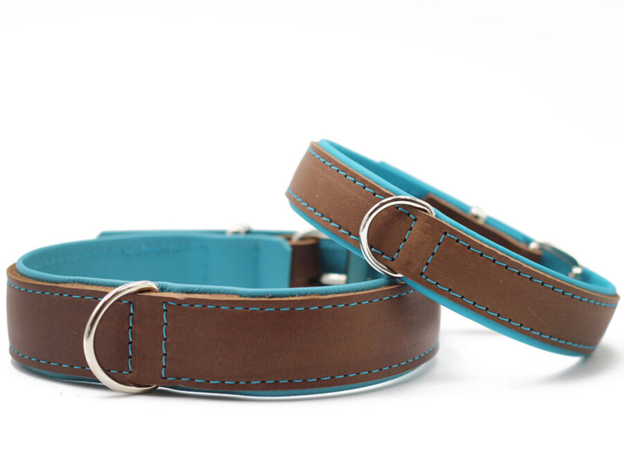 Leren halsband Klassiek Premium, mokka/petrol/zilver, 65 cm / 45 mm