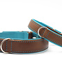 Premium leren hondenhalsband mokka met petrol en zilveren details, volnerf rundleer en zachte nappaleren voering, 65 cm, 45 mm