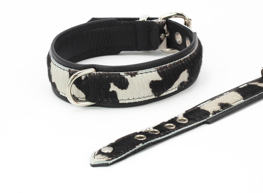 Leren halsband met koeienprint, zwart/zilver, 60 cm / 35 mm
