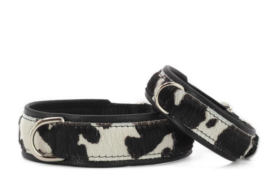 Luxe leren hondenhalsband met koeienprint in zwart en zilver, zacht nappaleer, 60 cm, 35 mm