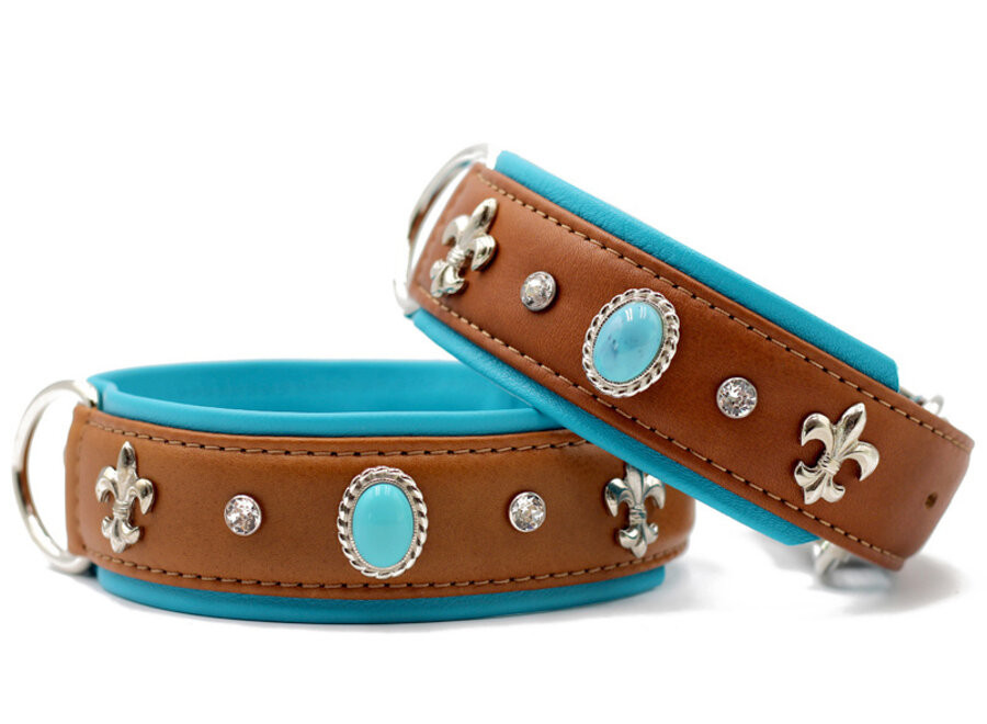 Leren halsband Ibiza, cognac/petrol/zilver, 65 cm / 45 mm