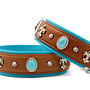 Stijlvolle leren hondenhalsband cognac met petrol en zilveren details, zachte voering en verstevigde nylon kern, 65 cm, 45 mm