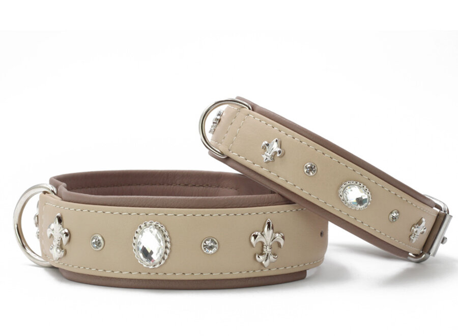 Leren halsband St. Tropez, ivoor/taupe/zilver, 65 cm / 45 mm