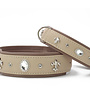 Elegante leren hondenhalsband ivoor en taupe met zilveren details, zachte nappaleren voering en verstevigde nylon kern, 65 cm, 45 mm
