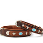 Exclusieve leren hondenhalsband bruin en cognac met luxe turquoise details, volnerf rundleer, nappaleren voering en nylon kern, 65 cm, 45 mm